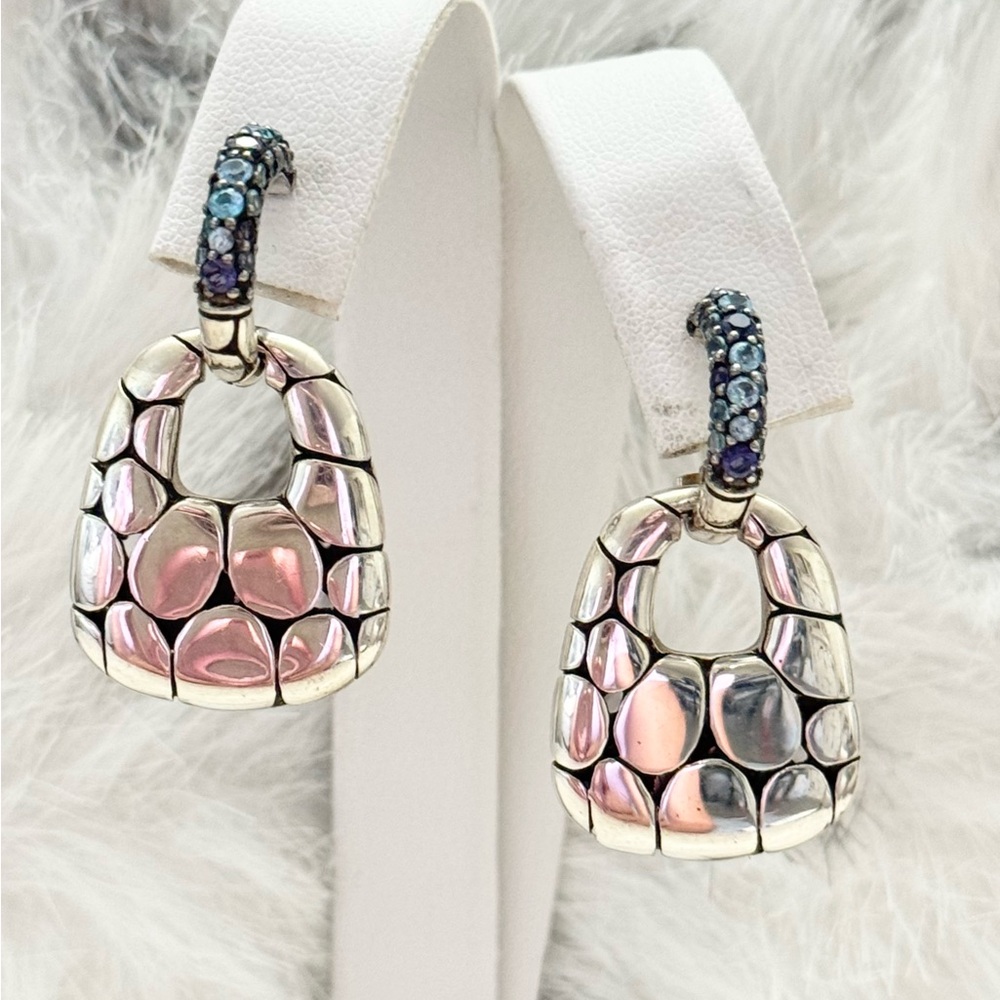 John Hardy .925 Kali Lava Fire Iolite Blue Topaz Door Knocker Dangle Earrings